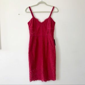 Red piped lace sheath dress